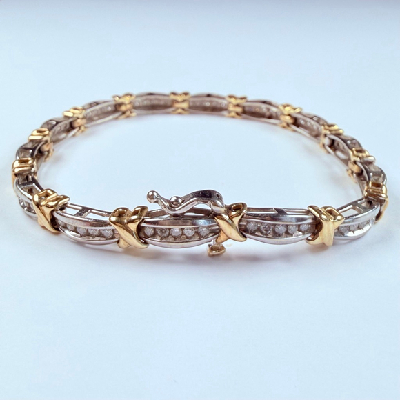Estate 10K Solid Two Tone Gold 1.4 CT Natural Diamond X Bypass Tennis Bracelet - Picture 3 of 12